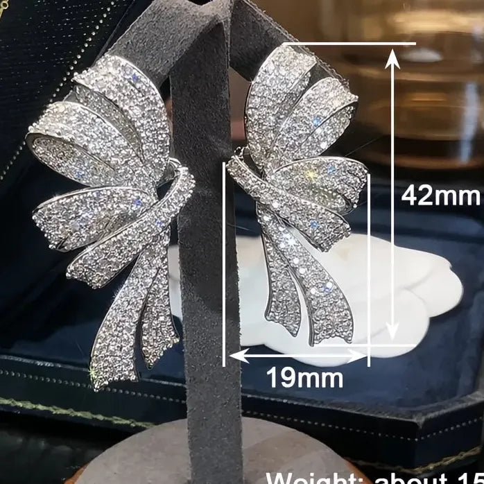 Trendy Bow Drop Earrings Silver Gold CZ Ribbon Jewelry for Women