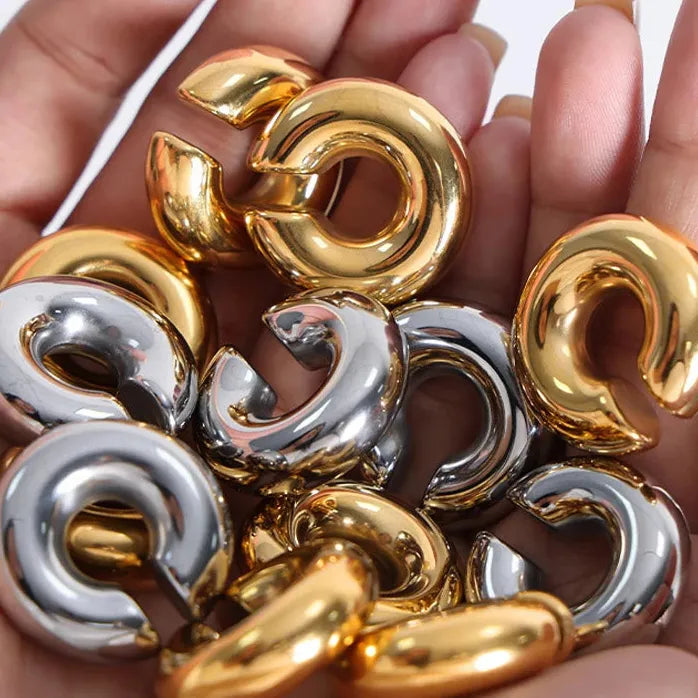 Gold Color Stainless Steel Chunky Round C Shape Clip Punk Earrings for Women