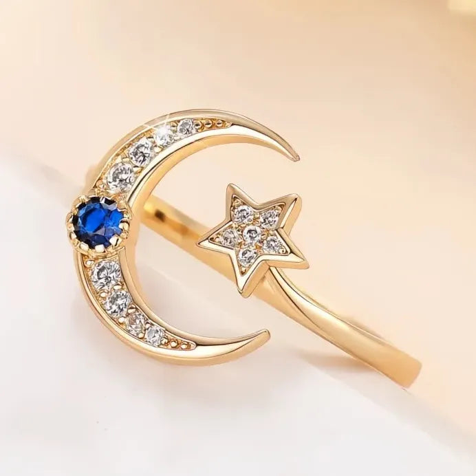 Adjustable Star and Moon Brass Ring with Cubic Zirconia for Women
