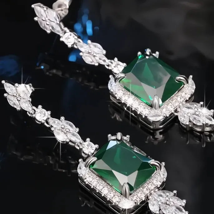Geometric Square Green Cubic Zirconia Brass Dangle Earrings for Wedding Jewelry