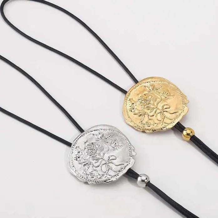 Vintage Geometric Round Pendant Necklace for Women Adjustable Black Leather Cord