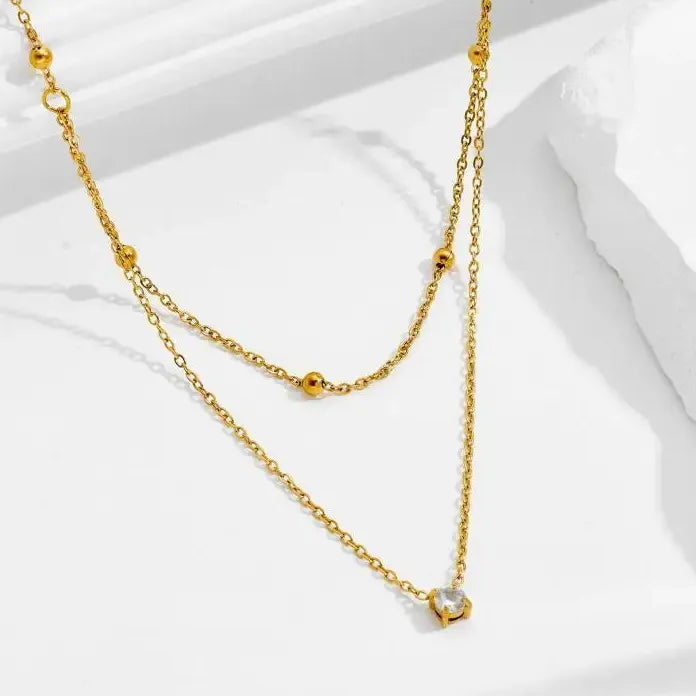 Stainless Steel Zircon Circle Pendant Necklace for Women Double Layer Durable Chain Waterproof