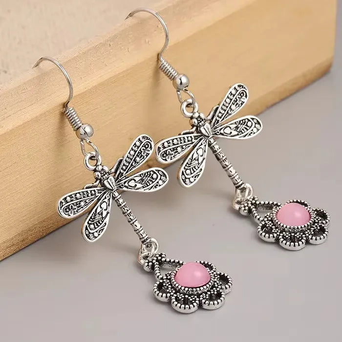 Pink Retro Bohemian Geometric Flower Pendant Drop Earrings for Women Zinc Alloy