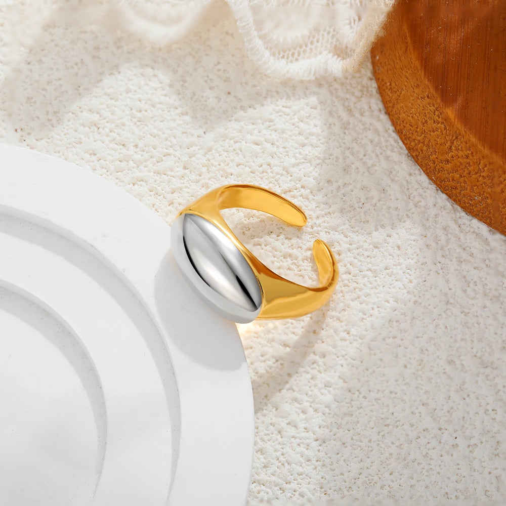 18k Gold Plated Two-Tone Polished Dome Punk Stainless Steel Ring Women