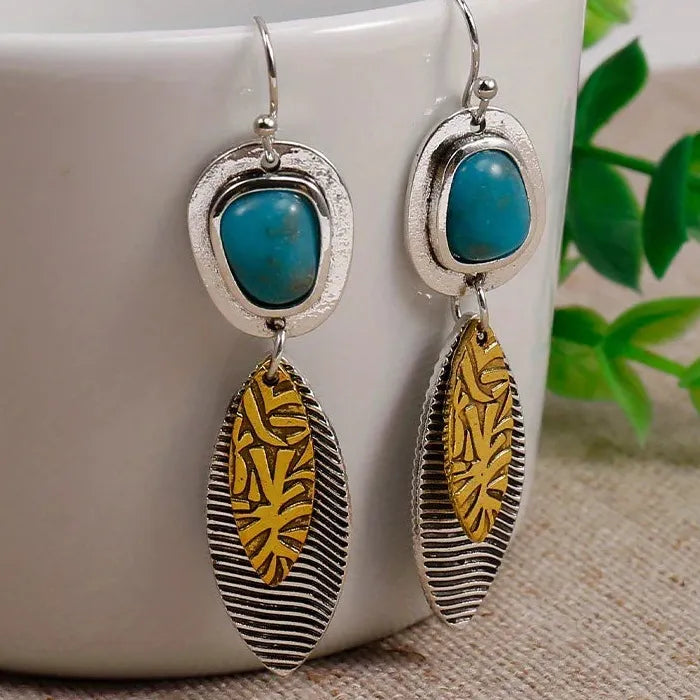 Vintage Bohemian Zinc Alloy Earrings Blue Stone Tassel Pendant Jewelry for Women