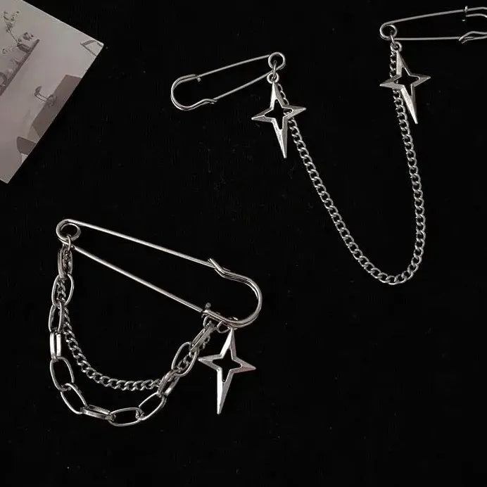 Zinc Alloy Punk Star Pendant Brooch with Double-Layer Tassel Chain for Women