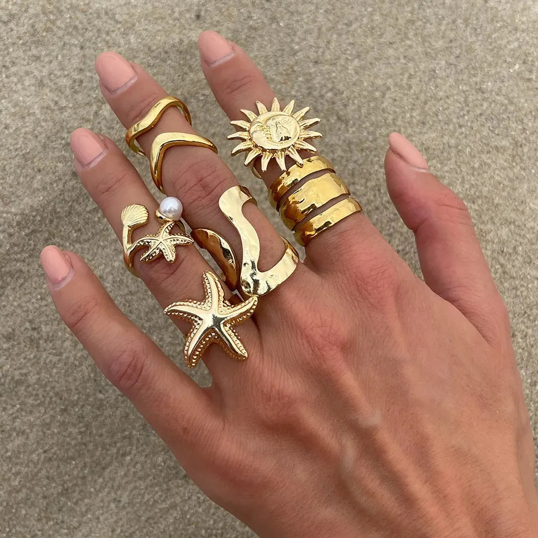 6Pcs Starfish Open Rings Punk Jewelry for Women Men Vintage Fashion Accessory