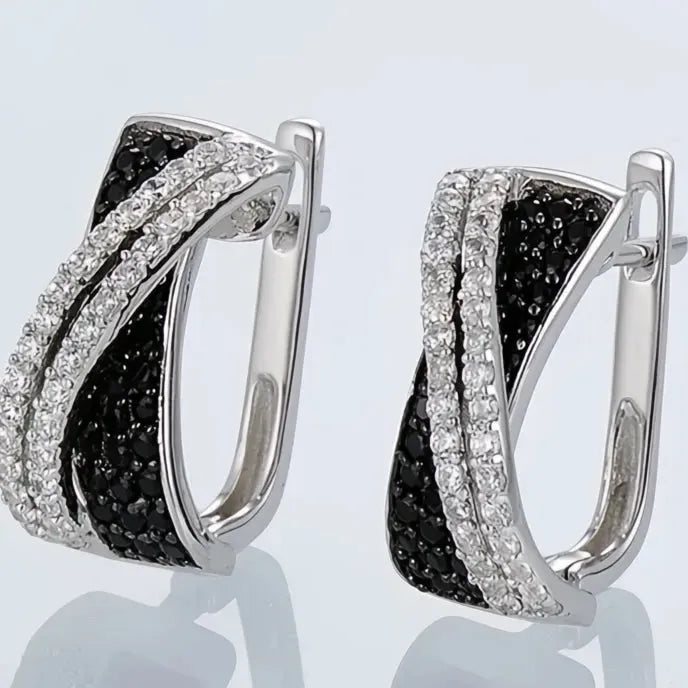 Black White Cross Hoop Earrings for Women Cubic Zirconia Fashion Jewelry Copper Alloy
