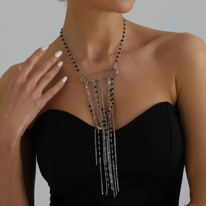 Multi-Layer Tassel Zinc Alloy Brooch Necklace with Crystal Chain Gift for Women