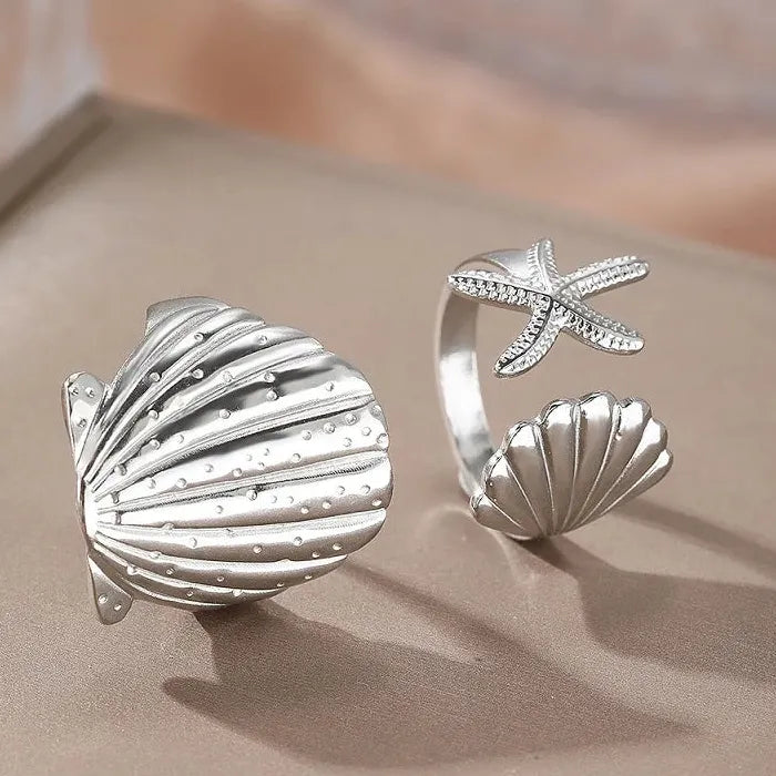 Adjustable Stainless Steel Sea Star Shell Ring Vintage Gold for Women Men Jewelry