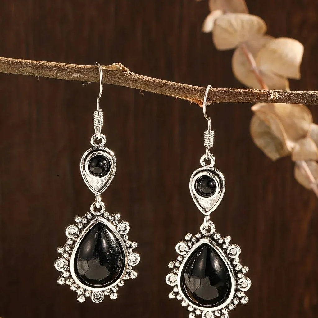 Retro Black Stone Geometric Hollow Lace Pendant Drop Earrings for Women