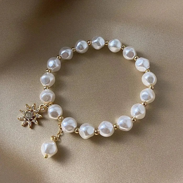 Korean White Opal Pearl Crystal Adjustable Cuff Bracelet Women Gift Jewelry