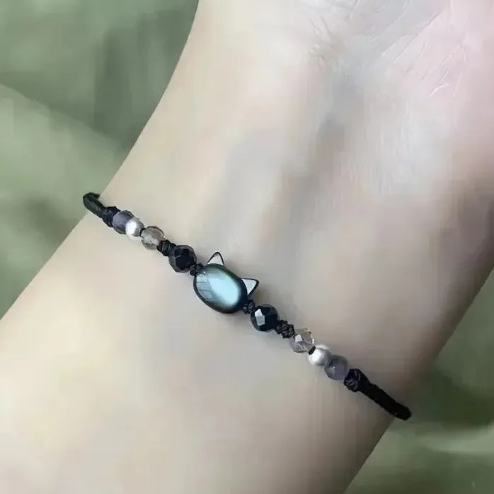 2Pcs Handmade Natural Moonstone Couple Bracelets Black White Cat Jewelry Gift