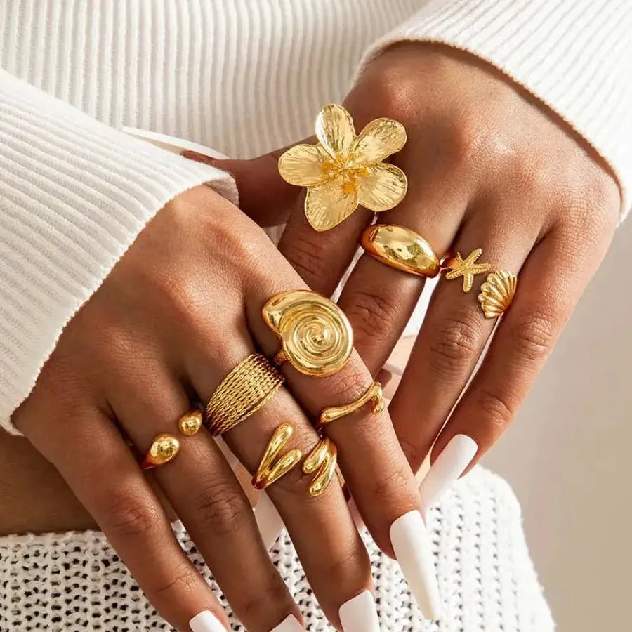 8Pcs Vintage Metal Plant Pattern Open Rings for Women Gothic Gift Jewelry