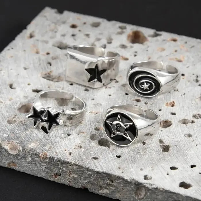4Pcs Men’s Black Star Wide Hip Hop Geometric Rings Set Adjustable