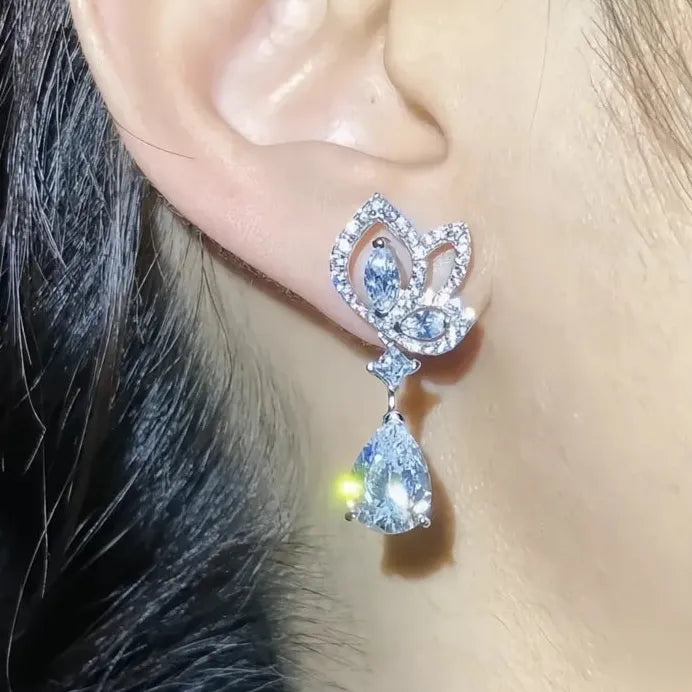 Geometric Flower Drop Earrings with Sparkling Cubic Zirconia for Women