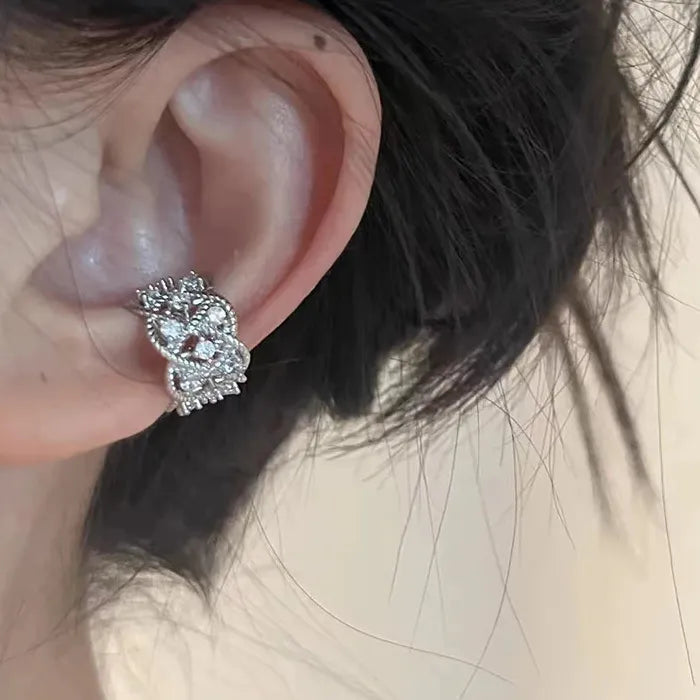 Rhinestone Sweet Bowknot Heart Long Clip Earrings for Women Girls