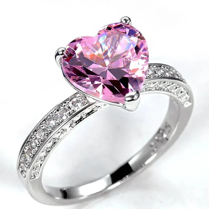 Luxury Zinc Alloy Heart Solitaire Women Engagement Ring Pink CZ Gift