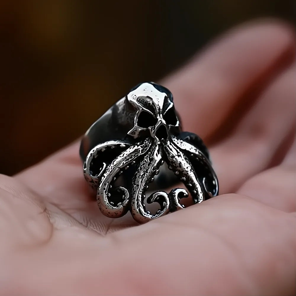 Stainless Steel Skull Octopus Ring | Viking Pirate Gothic Biker Ring for Men
