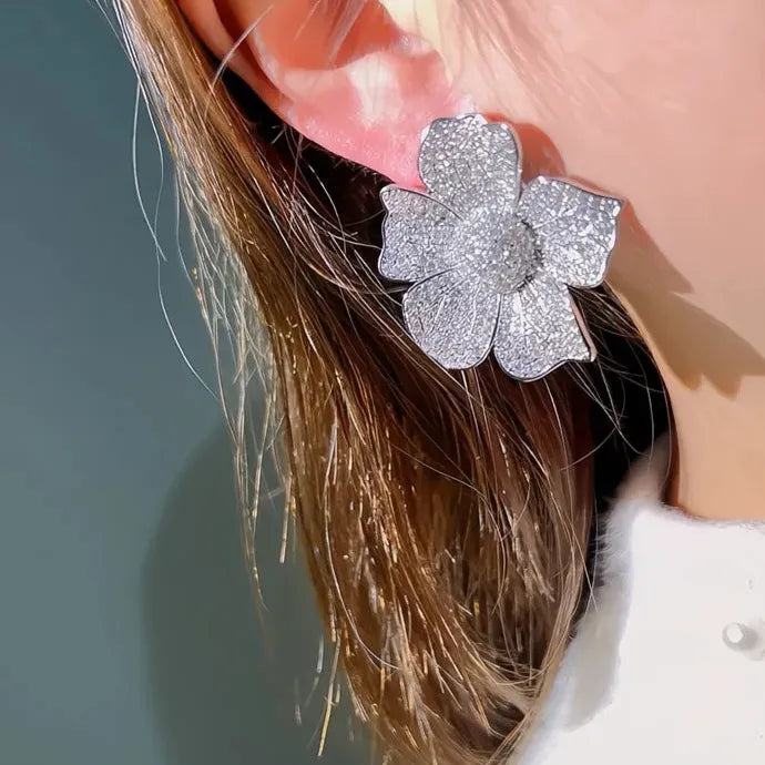 Big Flower Cubic Zirconia Geometric Stud Earrings Wedding Jewelry for Women