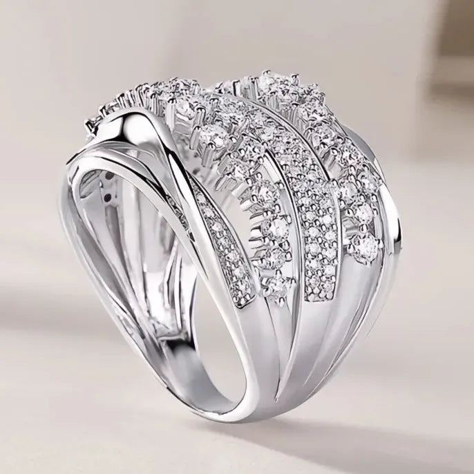 Women's Luxury Wave Brass CZ Geometric Cocktail Ring for Wedding & Party