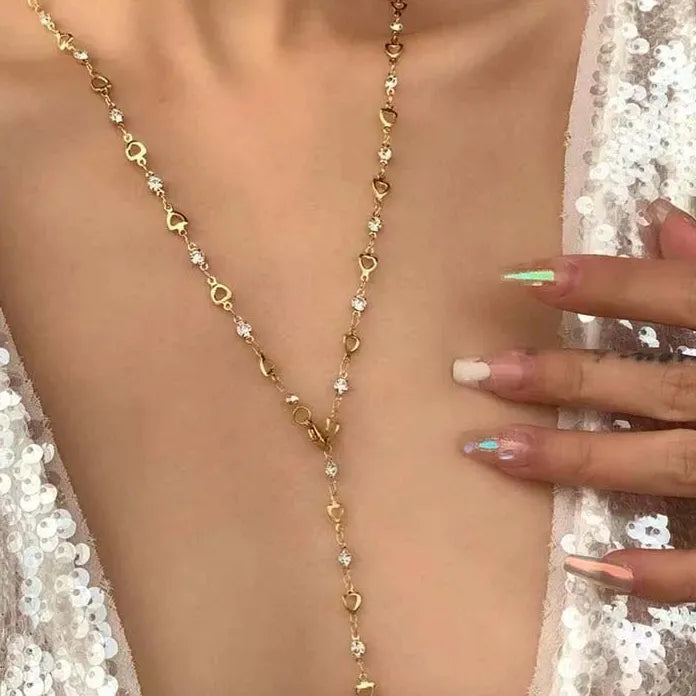 Long Tassel Zinc Alloy Heart Crystal Zircon Necklace for Women