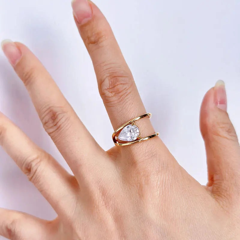 18k Gold Plated Stainless Steel Double Layer Circle Waterdrop Zircon Ring Women