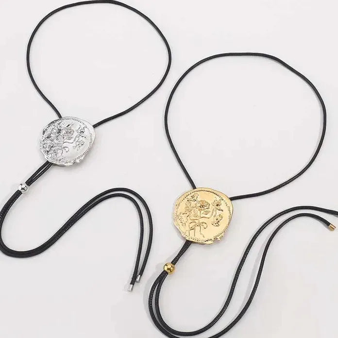Vintage Geometric Round Pendant Necklace for Women Adjustable Black Leather Cord