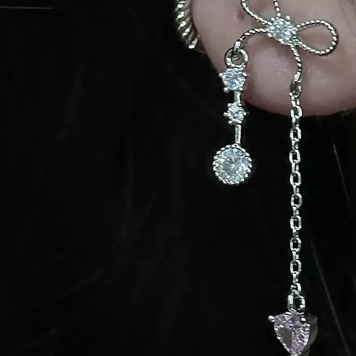 Rhinestone Sweet Bowknot Heart Long Clip Earrings for Women Girls