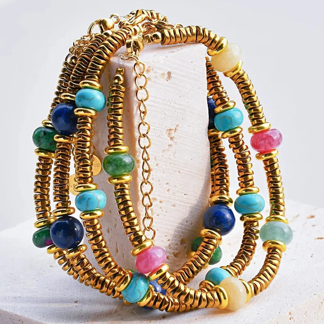 Boho Handmade Bead Stained Glass 18K Gold Plated Stainless Steel Choker Necklace Women