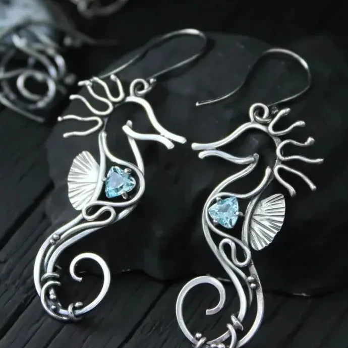 Silvery Metal Seahorse Drop Earrings Women’s Blue Zircon Zinc Alloy Jewelry
