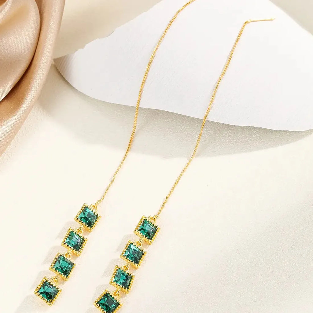Green Small Square Zircon Drop Earrings for Women Tassel Piercing Christmas Gift