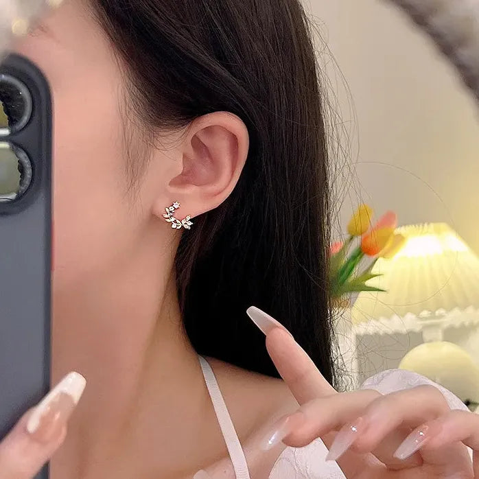 Colored Inlaid Rhinestone Moon Leaf Stud Earrings for Women Copper Alloy Jewelry