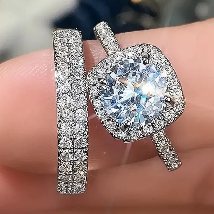 Classic Women’s 2-Piece Gold & Silver CZ Ring Set for Wedding Party