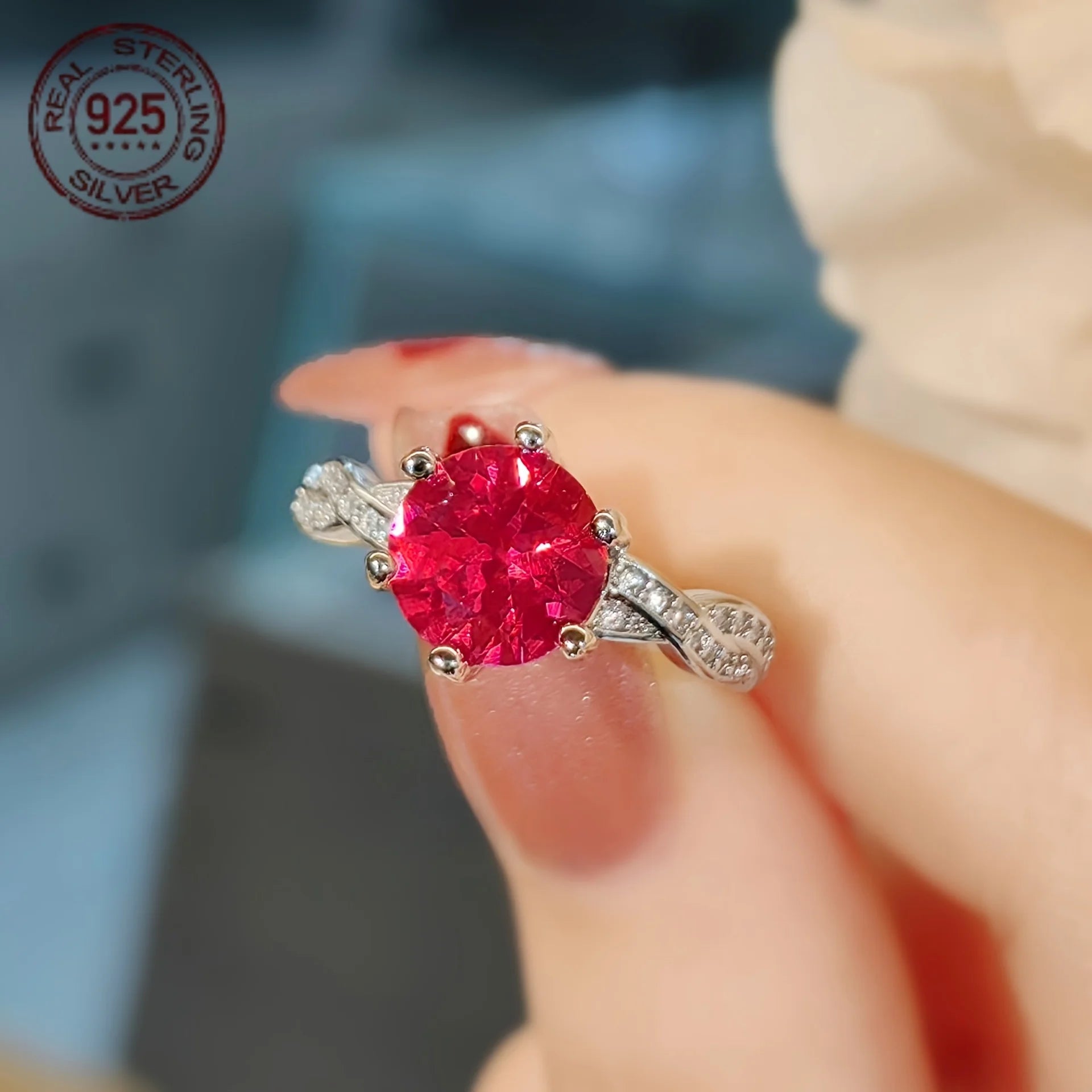 2CT Lab Ruby Round Cut Engagement Ring 925 Sterling Silver Women