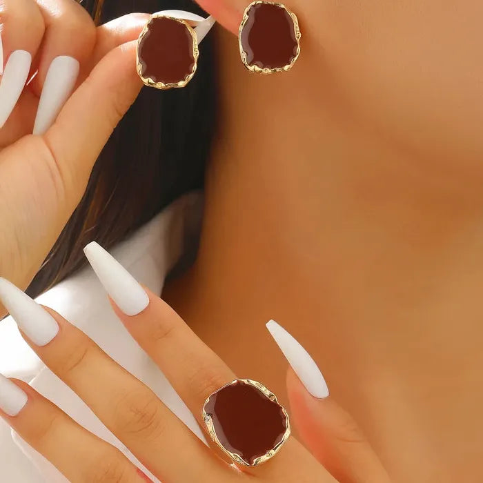 Vintage Coffee Irregular Geometric Stud Earrings and Rings Set Fashion Jewelry