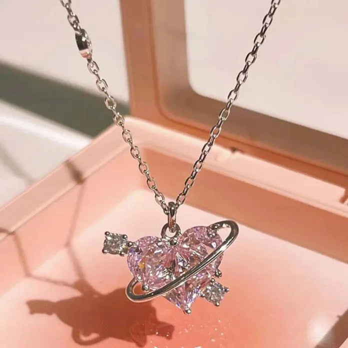 Y2K Pink Zircon Heart Pendant Necklace for Women Zinc Alloy Gift