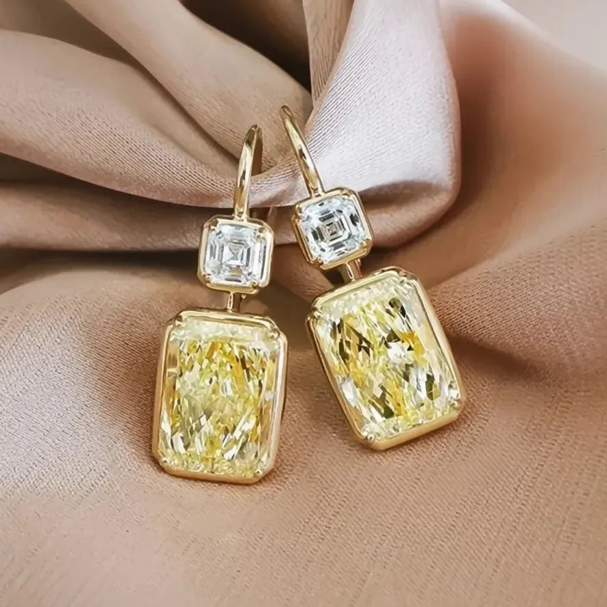 Simple Stylish Square Yellow Cubic Zirconia Drop Earrings Gold Color Fashion Jewelry for Women Wedding
