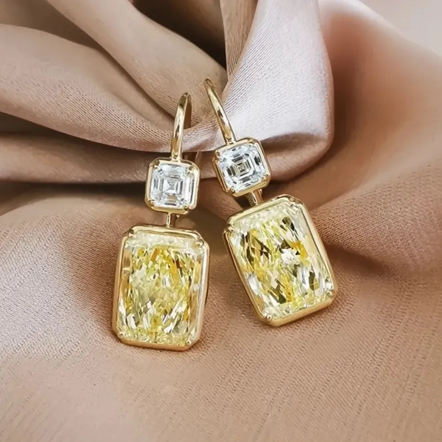 Stylish Square Yellow Cubic Zirconia Gold Color Women's Wedding Drop Earrings