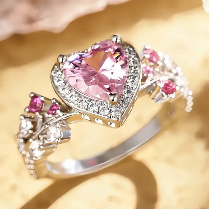 Heart Pink Cubic Zirconia Silver Wedding Ring for Women Engagement