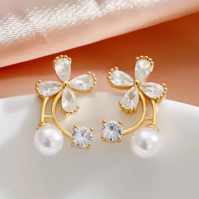 Simulated Pearl & Cubic Zirconia Crystal Flower Stud Earrings for Women