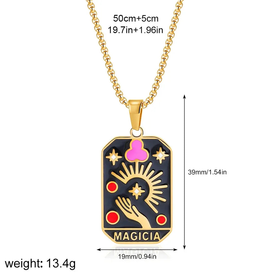 Vintage Gold Plated Stainless Steel Tarot Card Pendant Necklace for Women Punk