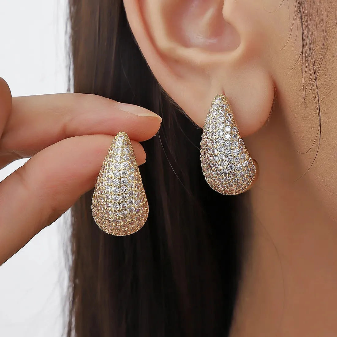 Gold Plated Chunky Dome Water Drop Earrings with Zircon for Women