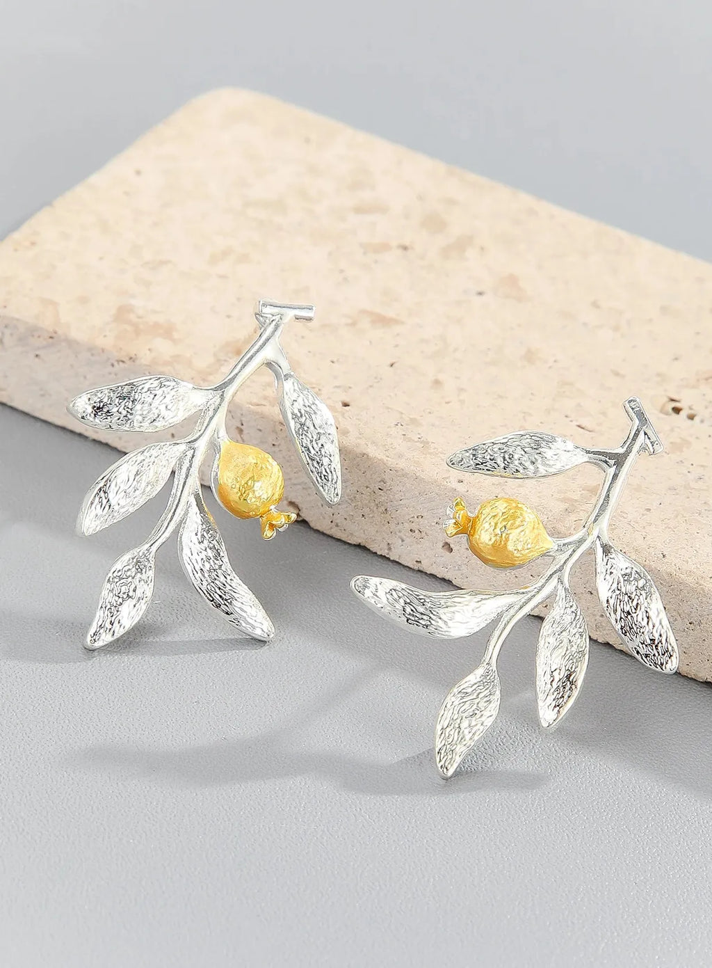 Elegant Blooming Flower Silver Color Pomegranate Fruit Leaves Branch Dangle Earrings for Women Zinc Alloy