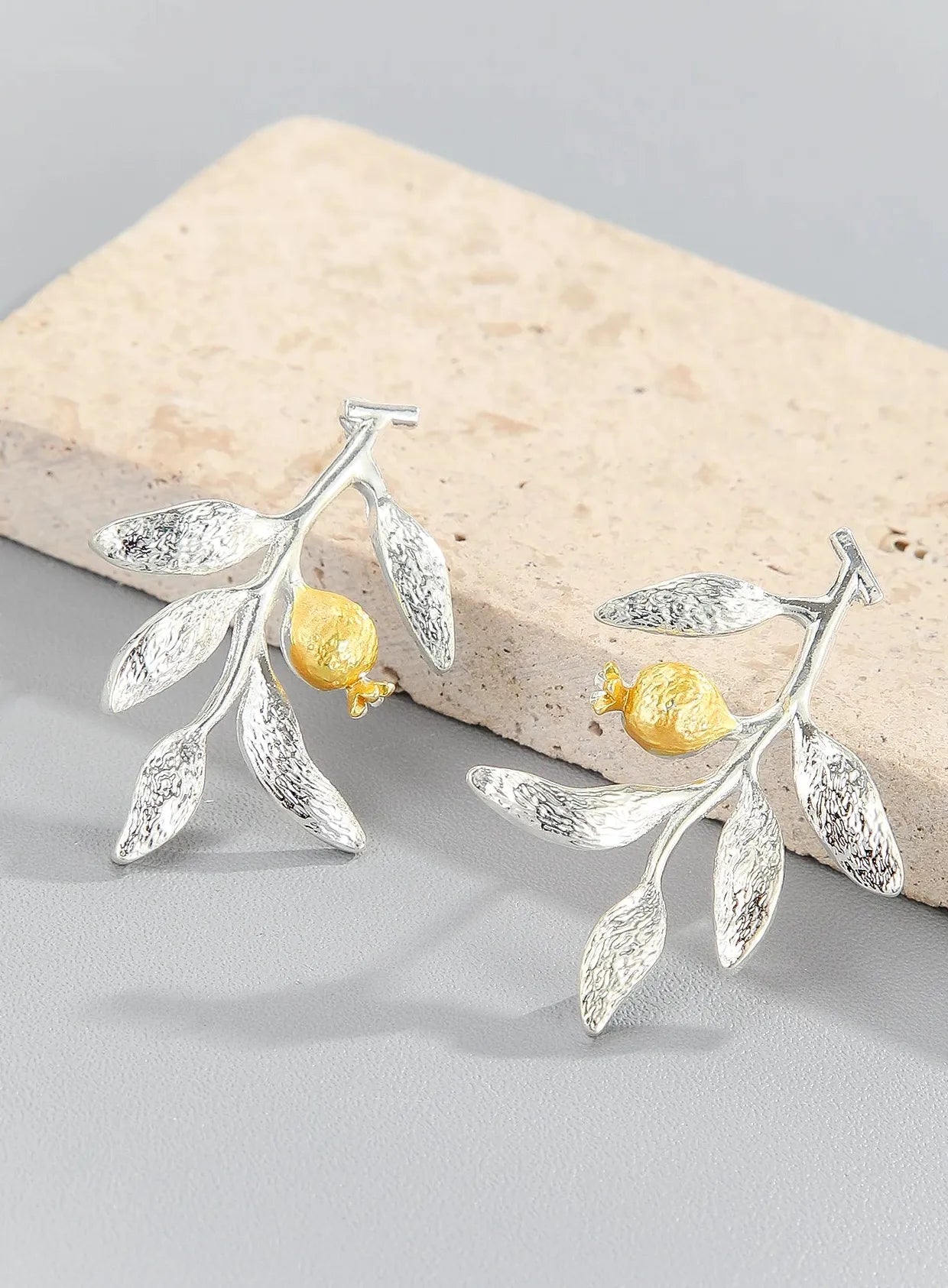 Elegant Blooming Flower Silver Color Pomegranate Fruit Leaves Branch Dangle Earrings for Women Zinc Alloy