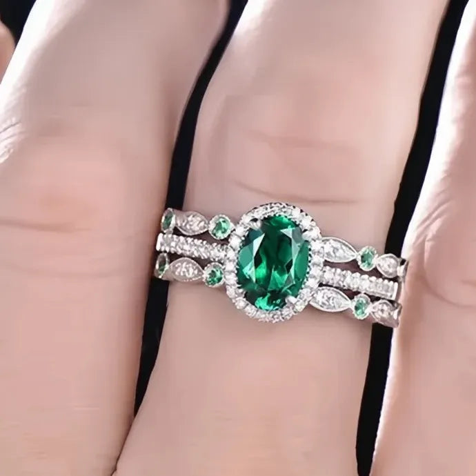 Luxury 3-Piece Green Cubic Zirconia Brass Wedding Ring Set Bridal Jewelry