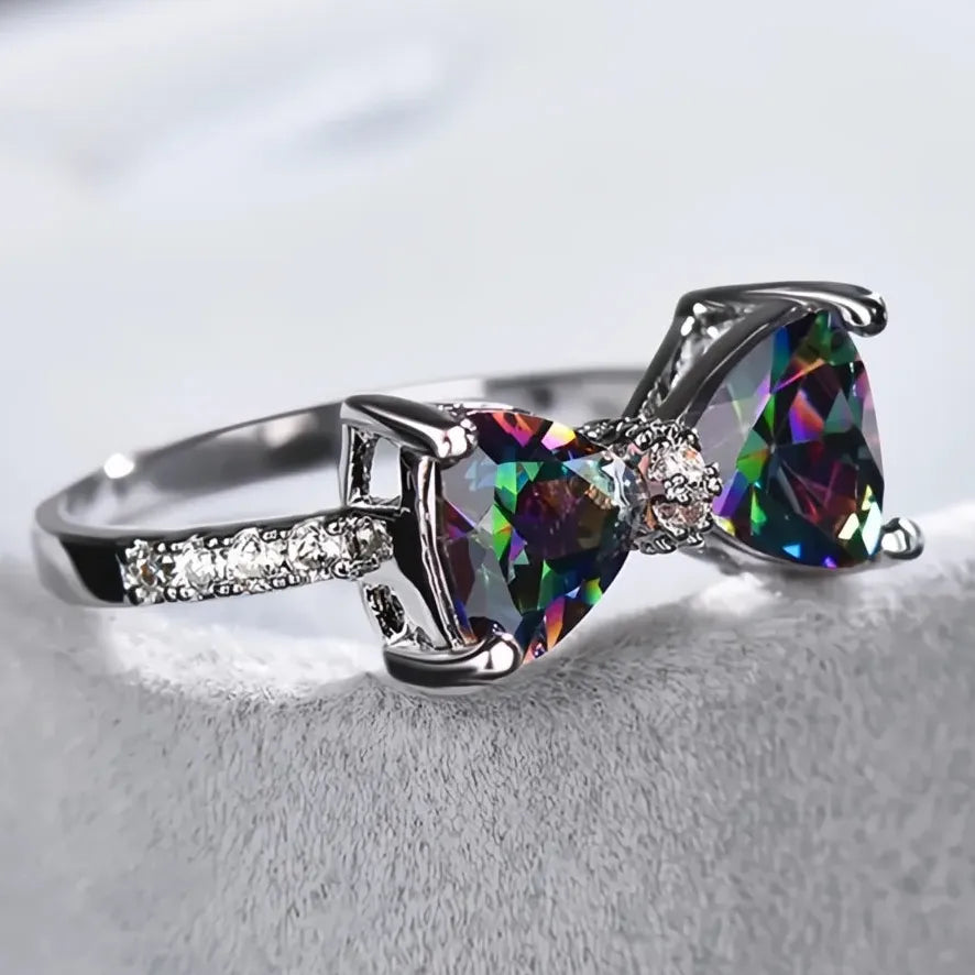 Personality Multi-colored Cubic Zirconia Bow Ring for Women Wedding Party Jewelry Gift
