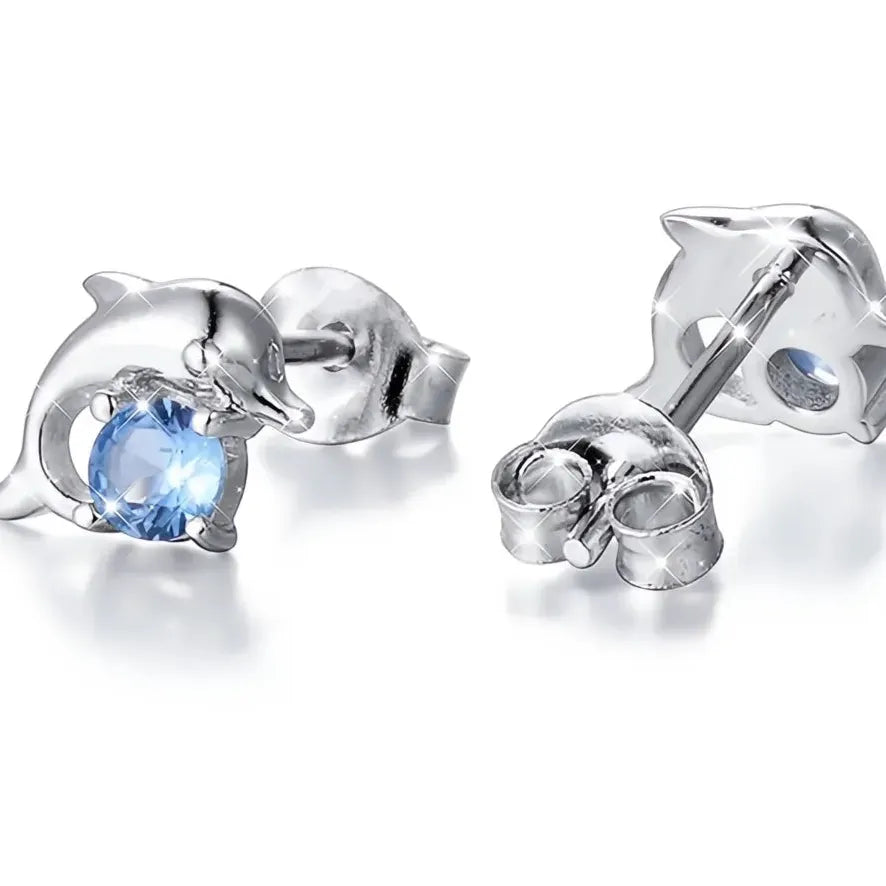 Ocean Blue Dolphin Cubic Zirconia Stud Earrings for Women Cute Animal Jewelry Gift