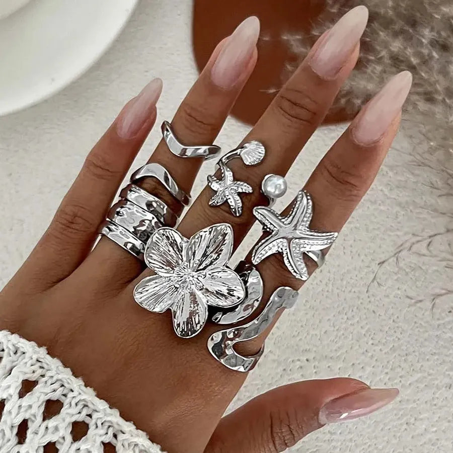 6Pcs Boho Geometric Irregular Hollow Rings Set for Women Fashion Jewelry
