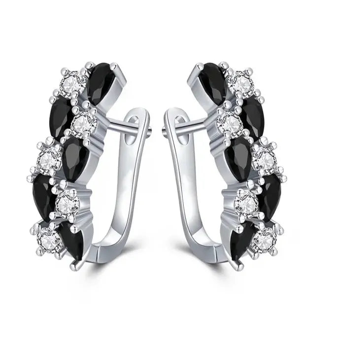 Geometric Black & White Cubic Zirconia Hoop Earrings in Copper Alloy
